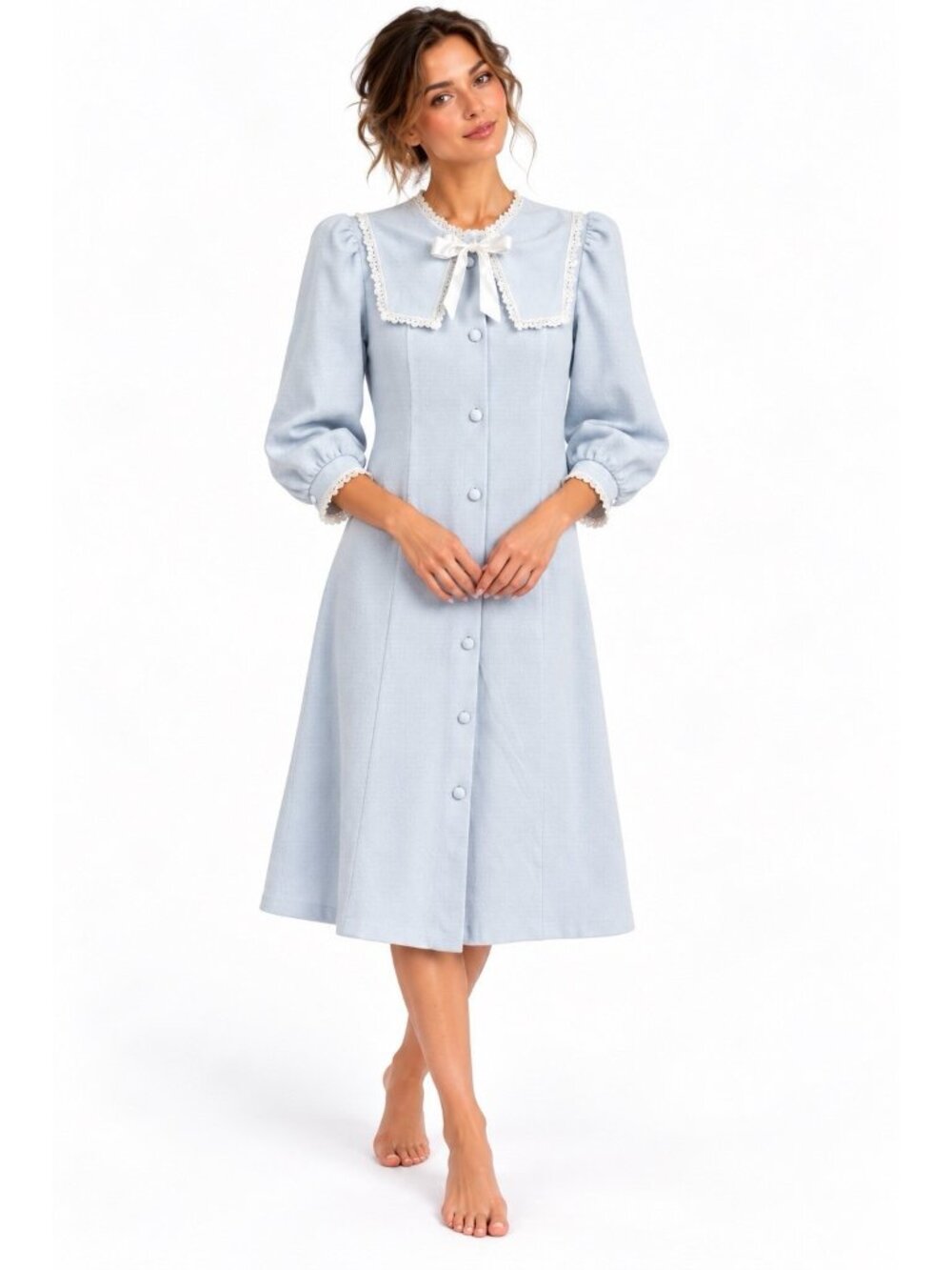 vintage 70s CHRISTIAN DIOR robe housecoat petite XS XSP blue lace bow fleece